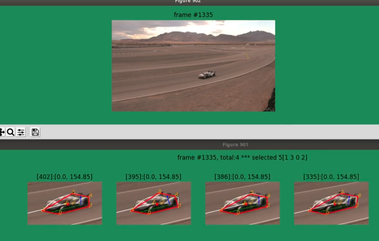 Frame 1335 from the original racing-car video and four selected geometric reconstruction hypotheses displayed in the working demo