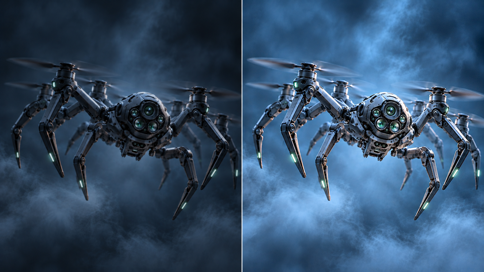 Conceptual spider-like autonomous drone shown before and after visual enhancement