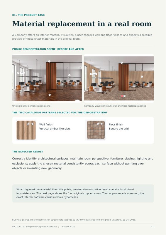 First page of VIC·TORI's independent R&D case, showing the room before and after applying two materials