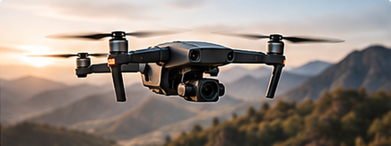 Autonomous drone in flight over a mountain landscape
