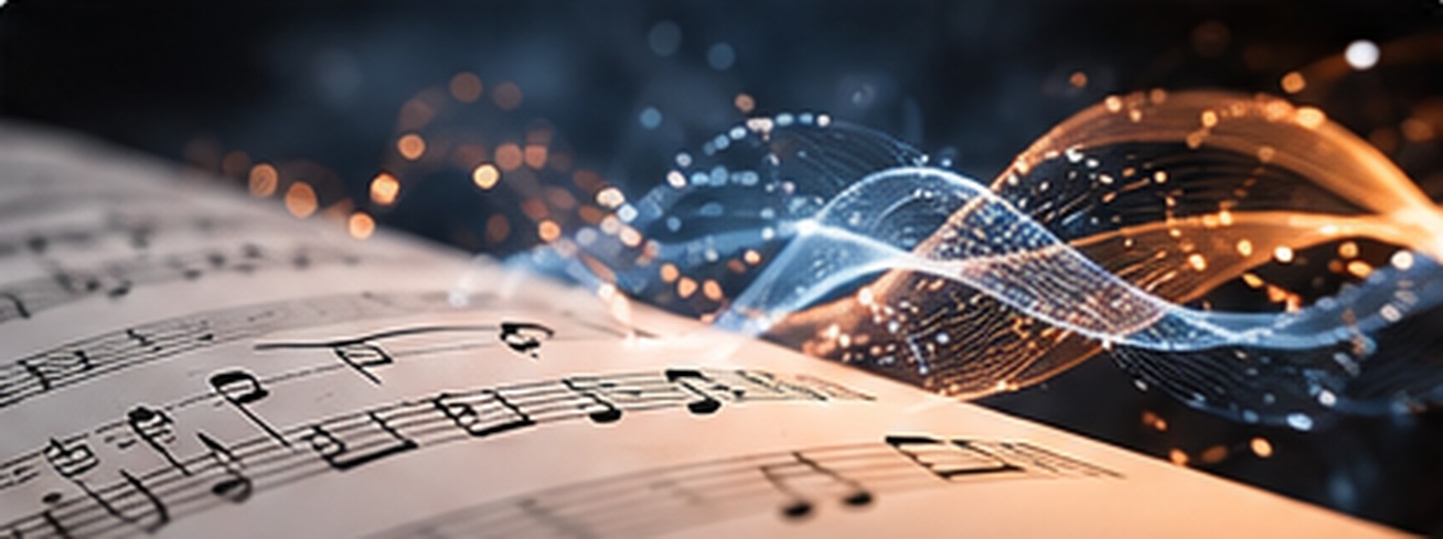Musical score with abstract flowing patterns of light